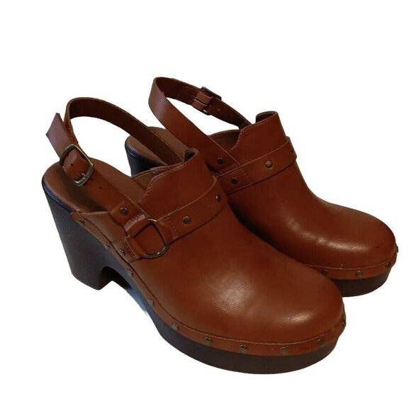 Frye Shoes - Frye and Co Fabry Womens US 10 Brown Vegan Leather Harness Mules Clogs 4" Heel